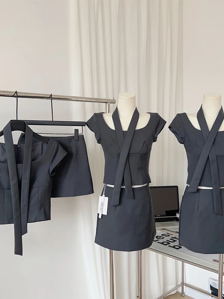 

2023 Summer Women Korean Fashion Office Lady Outfits 2 Piece Set Short Sleeve Square Collar Crop Tops + Aesthetic Mini Skirts
