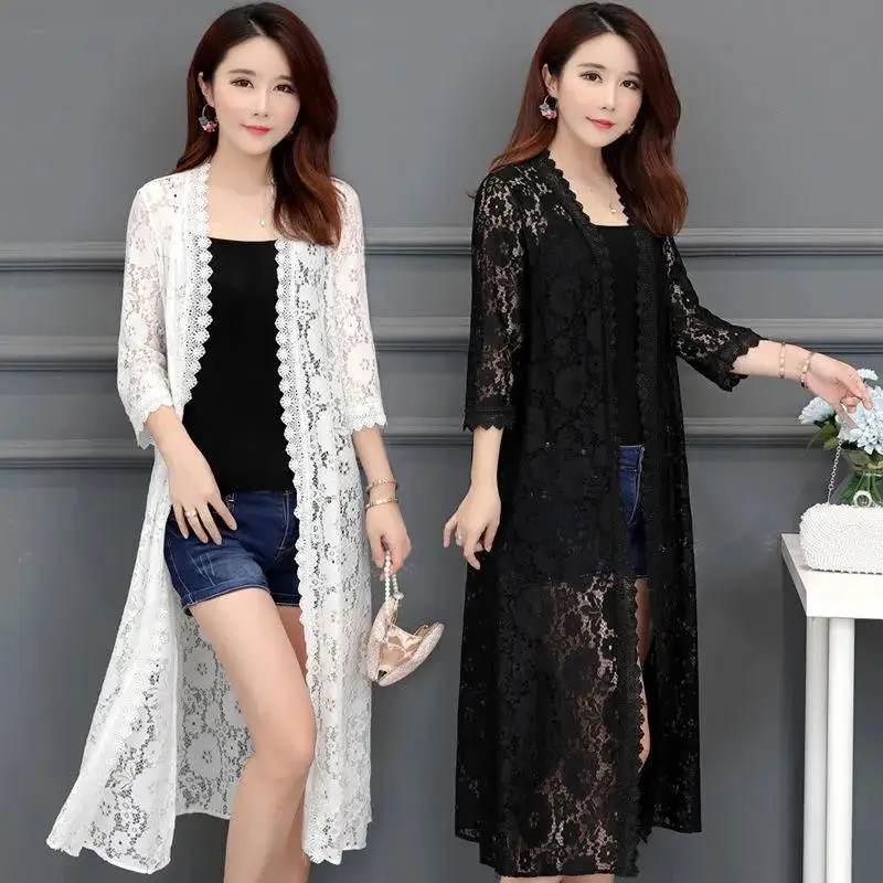 

2023 Summer New Lace Female Cardigan Mid-length Mesh Shawl Loose Over-the-knee Sun Protection Clothing Women Oversize