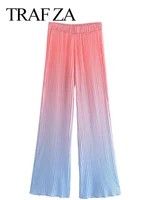 traf za sweet pink blue gradient lightweight womens wide leg pants casual loose elastic fashion pleated ladies flared pants