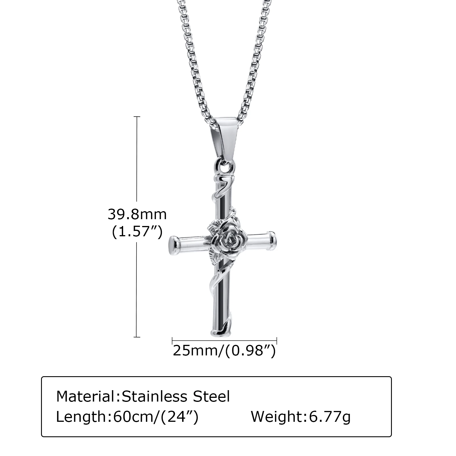 Rose Cross Necklace for Men Stainless Steel Floral Jewelry Religious