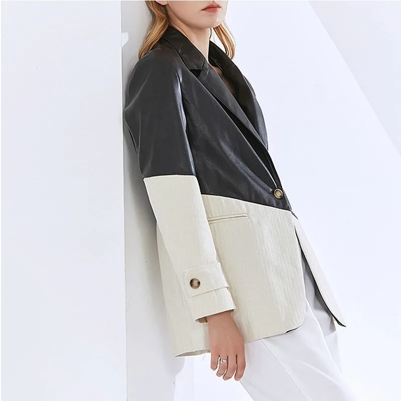 PU Leather Blazers Black Contrast Beige Loose Patchwork Suits Women Long Sleeve Single Button Blazer Office Lady Work Clothing