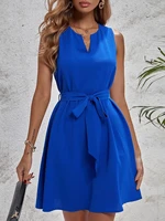 2022 spring and summer womens new style elegant and formal round v neck solid color belt sleeveless fashion dress