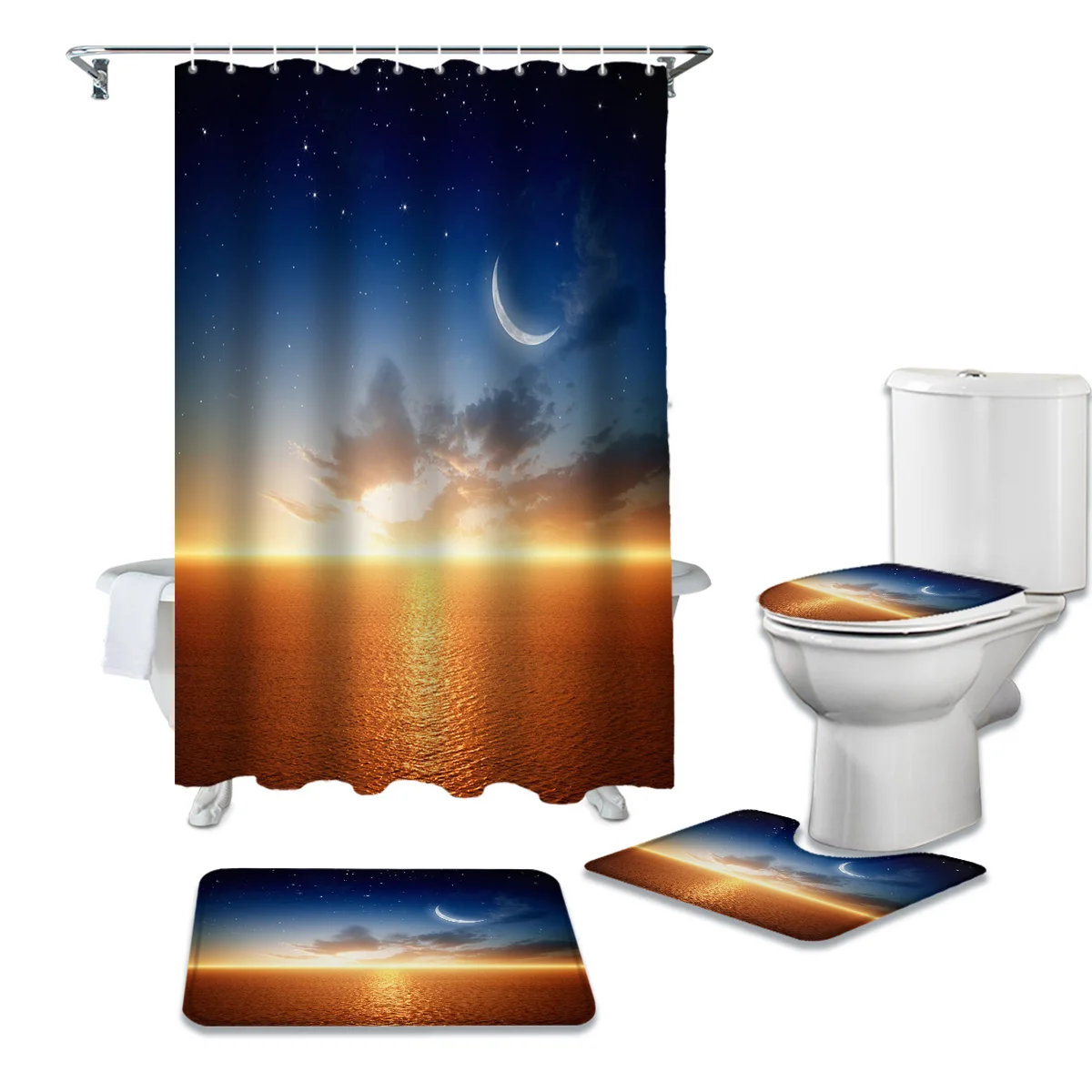 

Набор занавесок для душа Sea Sunset Moon StarsPrint, крышка для ковра, крышка для унитаза, коврик для ванной комнаты, бытовой