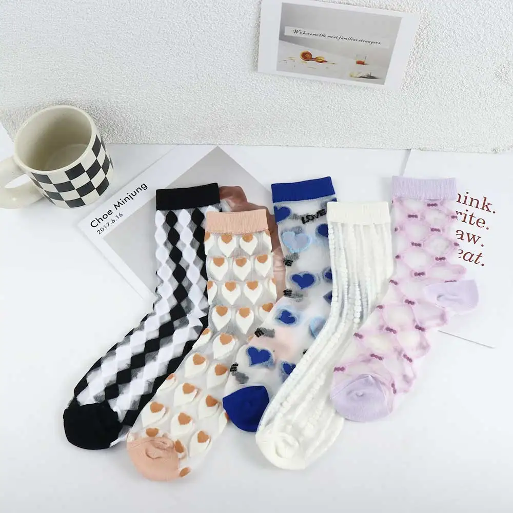 

Summer Woman Socks Japanese Style Heart Print Crystal Silk Socks Women Casual Fashion Striped Blue Transparent Glass Silk Socks