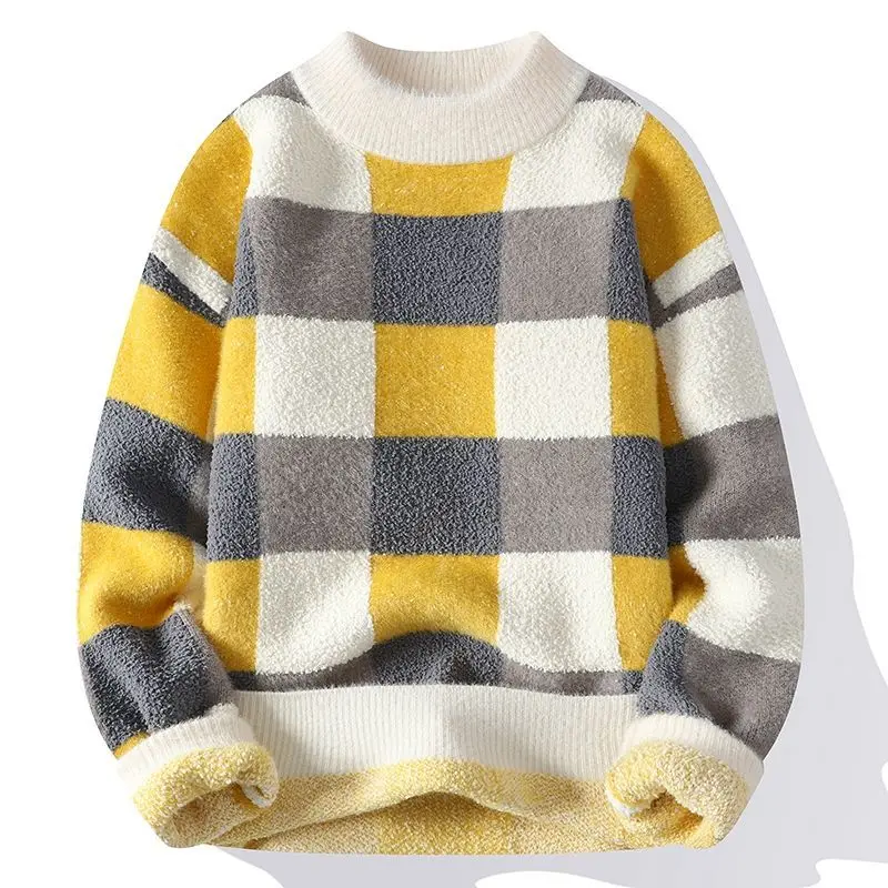 

Autumn and Winter Mock Neck Warm Fashion Casual Plaid Sweater Men's Slim Pullover Men's Knitted Sweater High Quality C25