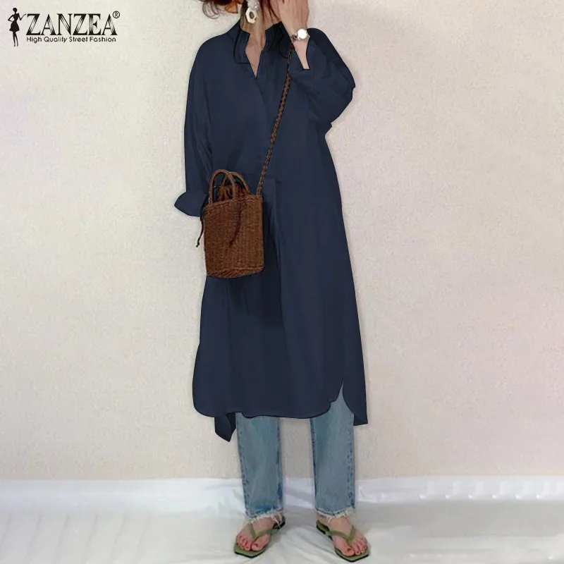 

Туника с высоким и низким вырезом, модные праздничные хлопковые Блузы ZANZEA 2022, весенние женские винтажные рубашки, свободные белые блузки бо...