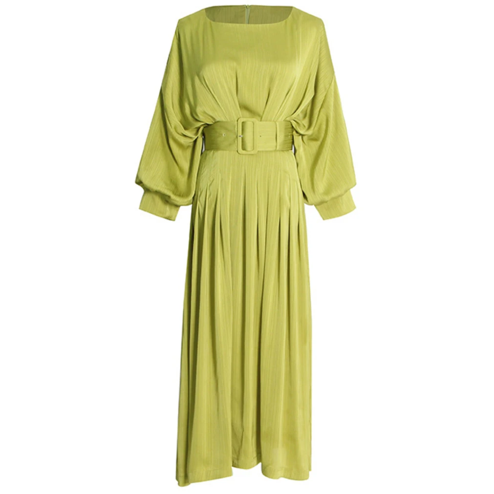 

Elegant Solid Dress For Women Slash Neck Lantern Sleeve Sashes Lace Up Midi Loose Dresses Female 2023 Spring Clothing Plus Size
