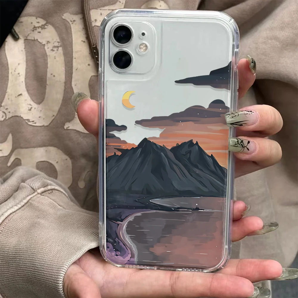 

Painted pattern of sunset mountains Phone Case For iPhone 14 13 12 11 Pro XSMAX XR X 7/8Plus Ultra thin Transparent Phone Case