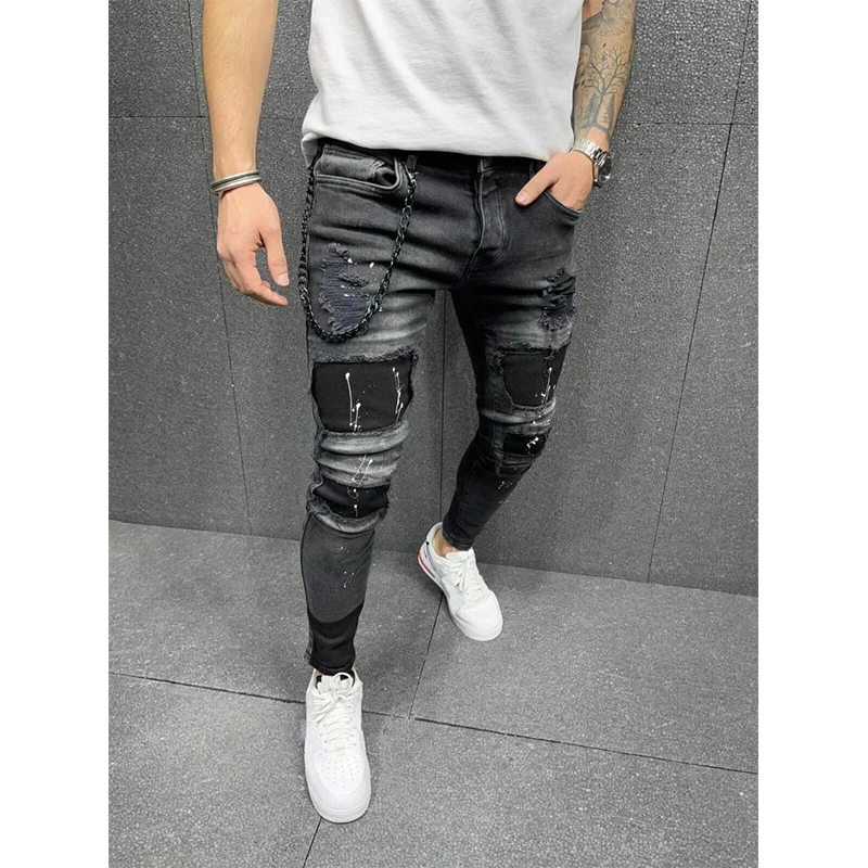 Fashion Hole Jeans for Men Middle Waist Straight Men's Jeans Mens Clothing Streetwear Washed Denim Pants Trousers Jean Male