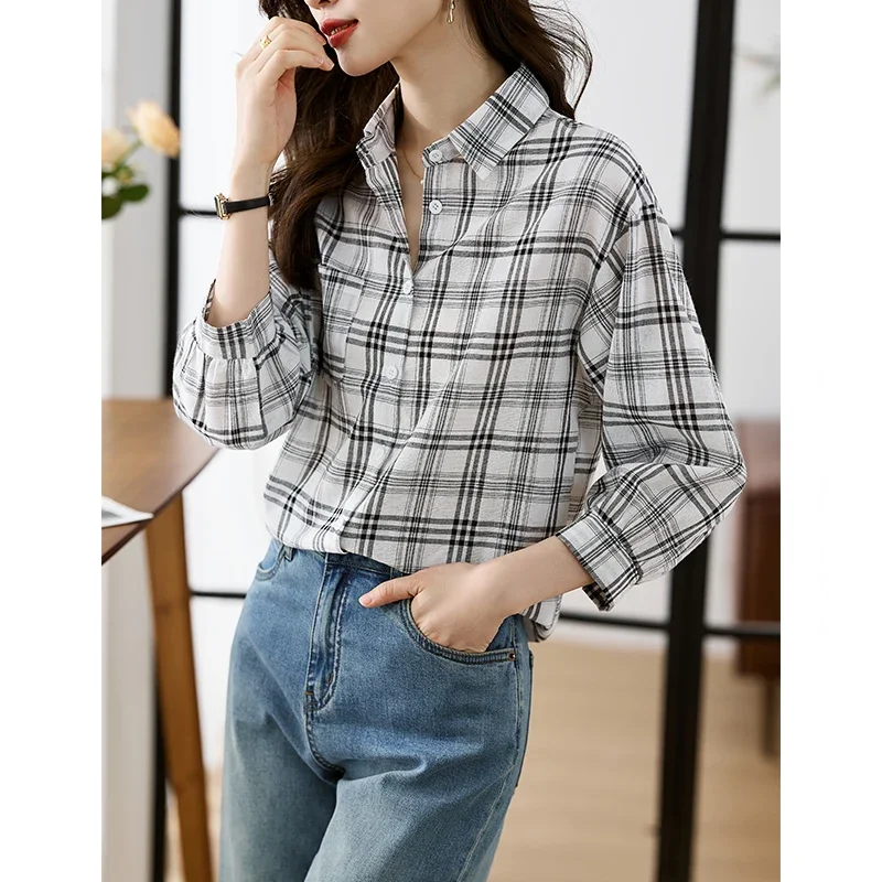 Женская шифоновая рубашка в клетку с рукавом