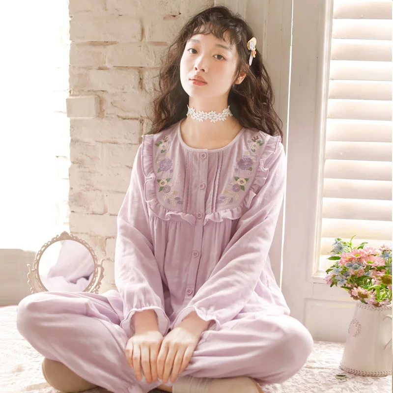 Pajamas 2023 New Spring Summer Sleepwear Cute Embroidered Long Sleeve Pants Pyjamas Women's Cotton Yarn Home Clothes Loungewear