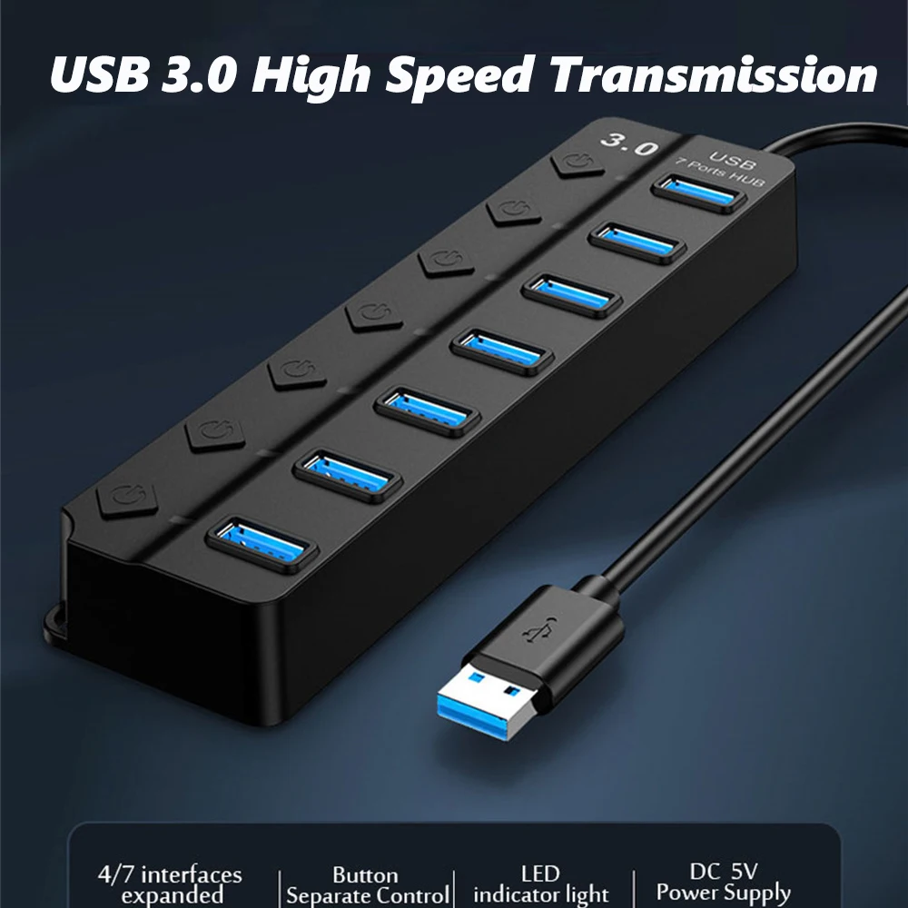 

RYRA USB 3.0 High Speed Hub Multifunction 7-port 7-in-1 Hub Expansion For PC Laptop Keyboard Multi Interface Hub With Switch