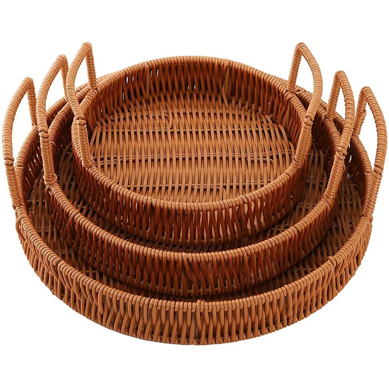 

3 Pcs Woven Trays With Handles,Wicker Service Baskets,Decor Round Rattan Trays,For Bread,Fruits,Vegetables,Snacks,Etc
