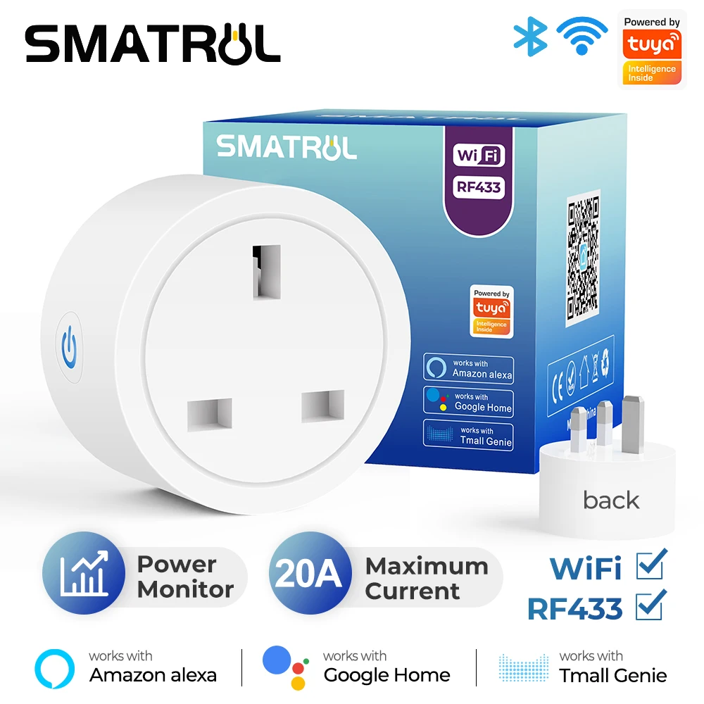 

WiFi RF433 Uk Smart Socket Plug Outlet 20A Adapter Power Monitor Wireless Remote Voice Control Timer For Google Home Alexa