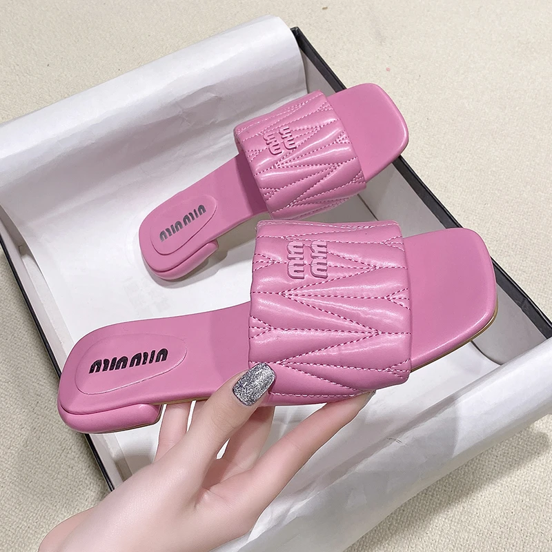

2023 Shoes for Women Summer New Women's Slipper Fashion Pleated Slip on Sandal Flat Heel Outdoor Casual Beach Slides Shoes