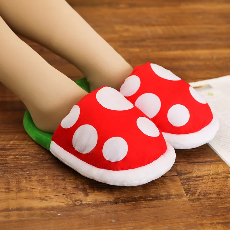 Winter Warm Women Cartoon Mushroom Home Slippers Piranha Flower Cosplay House Plush Shoes Ladies Indoor Flip Flop Funny Slide