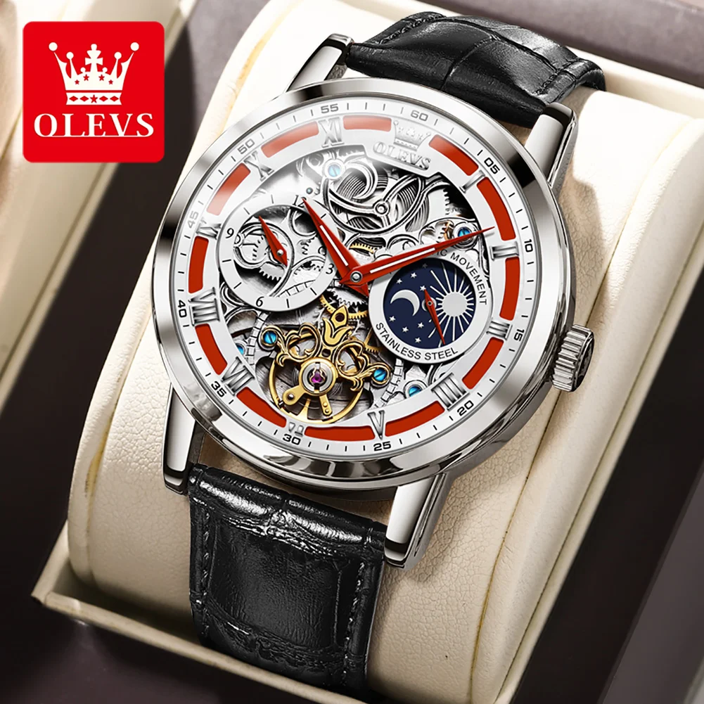 

OLEVS Top Brand Luxury New Men's Watches Hollow Flywheel Automatic Mechanical Wrist watches Skeleton Leather Moon Phase Watch