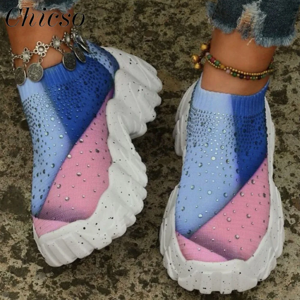 

Rhinestone Sneakers Women 2022 Autumn New Mix Color Knitted Fabric Slip On Loafers 35-43 Large-Sized Running Sport Shoes Female