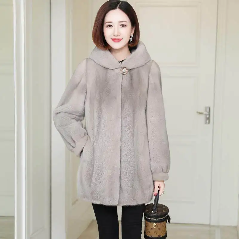 Winter Women Imitation Mink Velvet Overcoat Thick Warm Outwear Hooded Mid Length Faux Fur Coat for Women