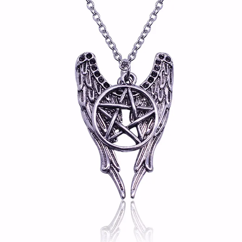 

Star Pendant Necklace Fashion Angel Wings for Men Pentagram Pentacle Castiel Vintage Retro Punk Neck Chain Jewelr Wholesale