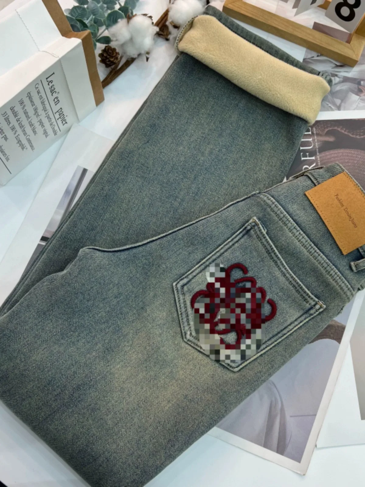 Plus Size Plus size European Goods Embroidered Straight Jeans Pear-Shaped Autumn and Winter New Chubby Girl High Waist Slimmi...