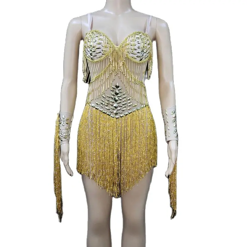 

Dream Party Costume Store StoreAnd Summer Women'Sexy golden Bead Film Banquet Dress DressNew High Waist Sequin Tassel Dress