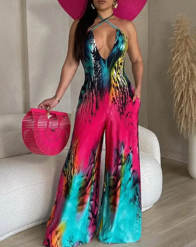 

Women's Jumpsuit 2023 Summer Fashion Tie Dye Print Pocket Design Sexy Halter Sleeveless Backless Wide Leg Daily Long Jumpsuit