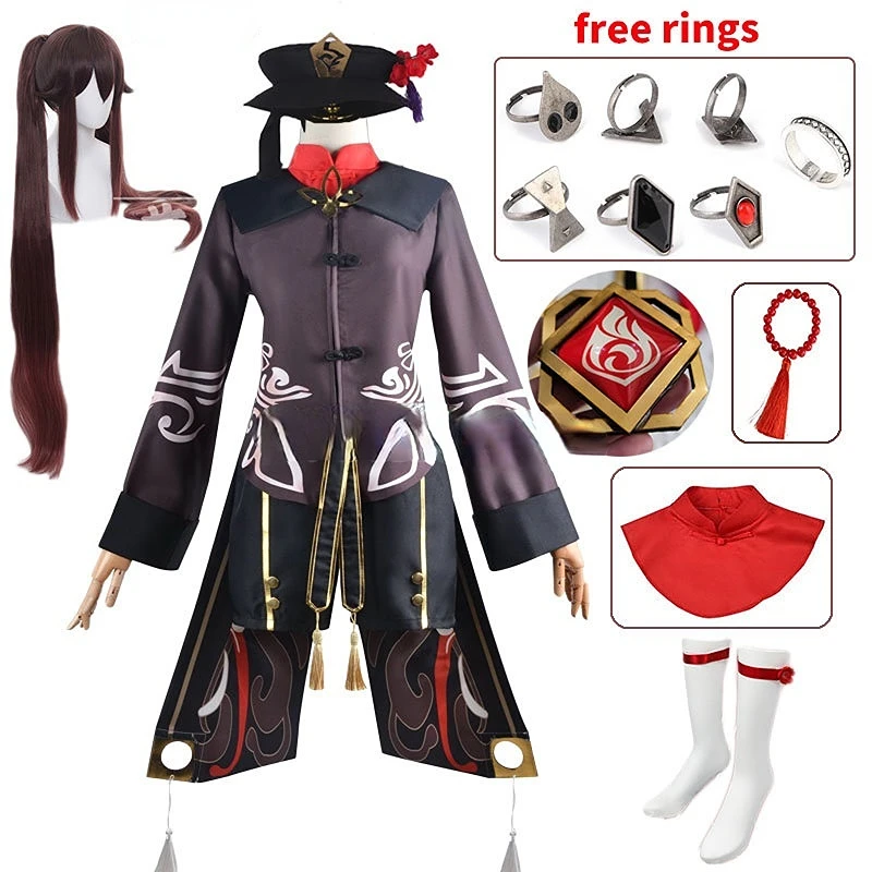 

Game Genshin Impact Hutao Cosplay Costume Genshin Impact Hu Tao Cosplay Wig with Hat Original Rings Double Ponytail Hair