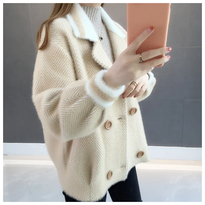 

2023Casual tweed coat, Winter Imitation Mink Hair New Long Sleeve Knitted Top Korean Version Non shedding Cardigan Coat Women's