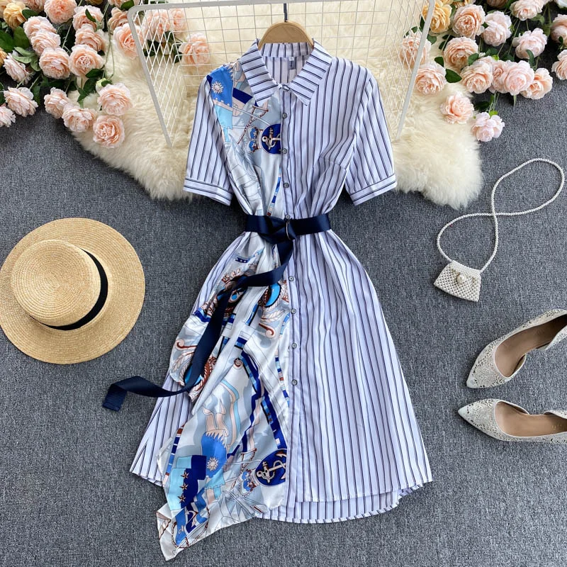 

Mid-length shirt female design sense niche printing silk scarf stitching temperament light mature style female slim dress female