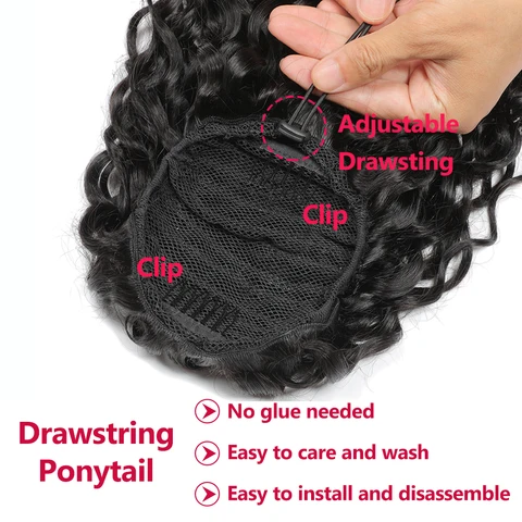 Волна воды на шнурке хвост 100% наращивание человеческих волос на клипсе в конский хвост для женщин Remy натуральный черный цвет