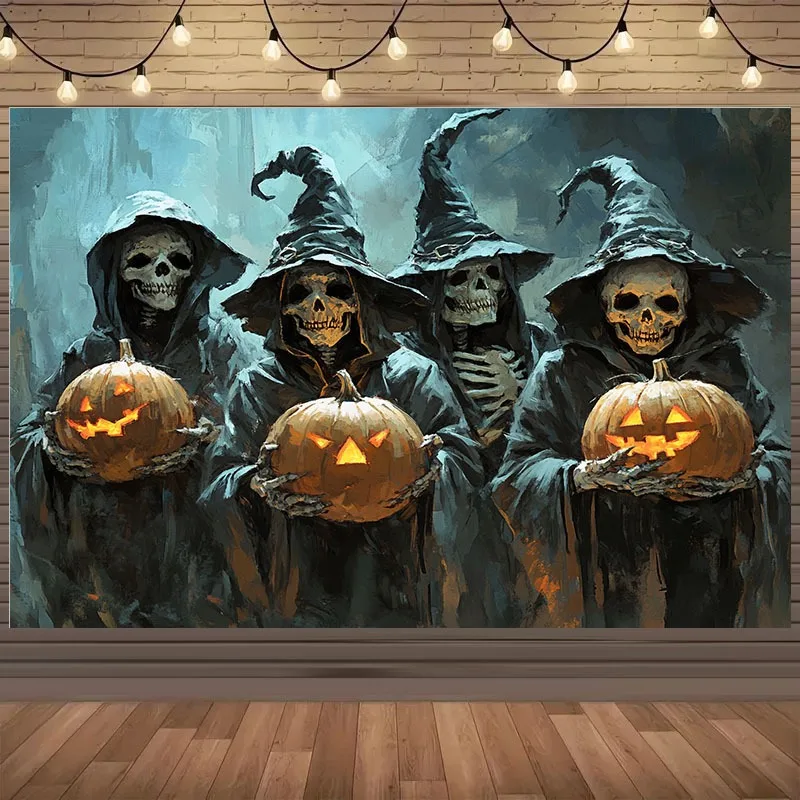 

Фон для Хэллоуина "Скелеты в шляпах ведьм"