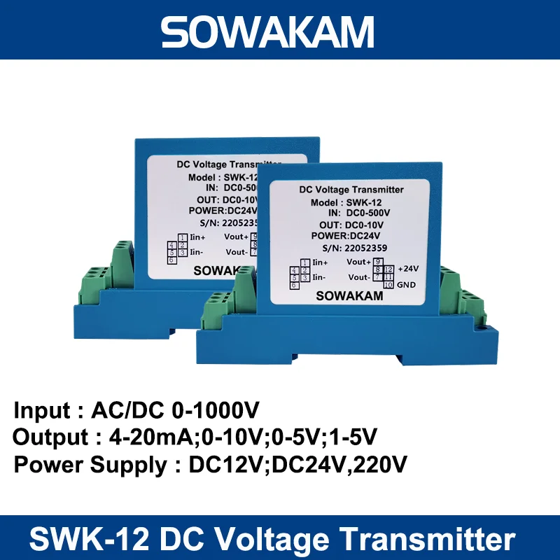 

SWK-12 DC Voltage Transmitter 5V/10V/50V/100V/200V/500V/1000V Transducer 4-20mA 5V 10V Output DC24V Power Supply Voltage Sensor