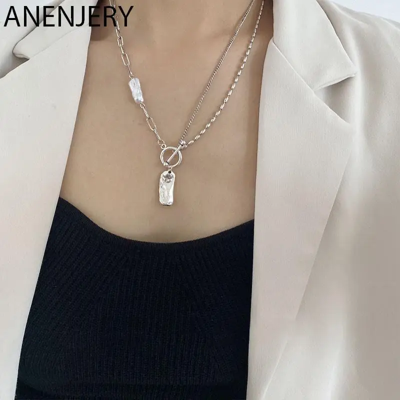 

Женское Ожерелье с жемчугом ANENJERY, серебряного цвета, неправильное ожерелье с барочным жемчугом, геометрическое ожерелье зажка стеot, ювелир...