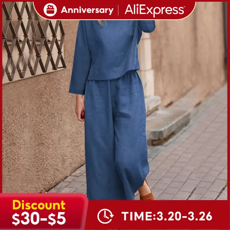 

Linen Loose Solid Color Casual 2-Piece Suit female 2022 round neck long sleeve nine point wide leg pants