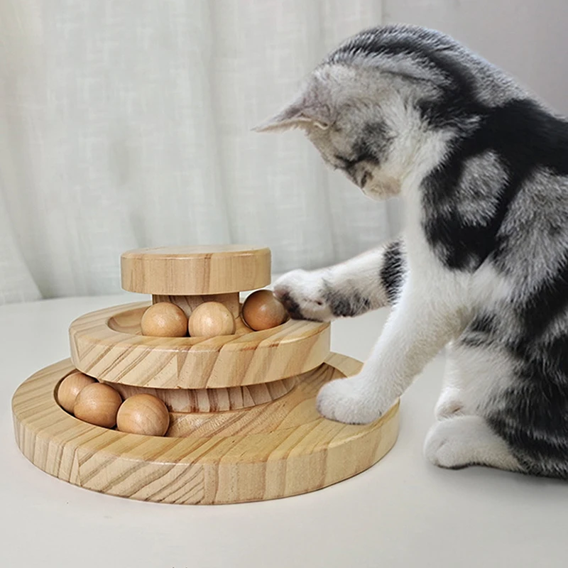 

Wooden 2/3 Levels Pet Cat Toy Tower Tracks Disc Cat Intelligence Amusement Triple Play Disc Cat Toys Ball Training Toys