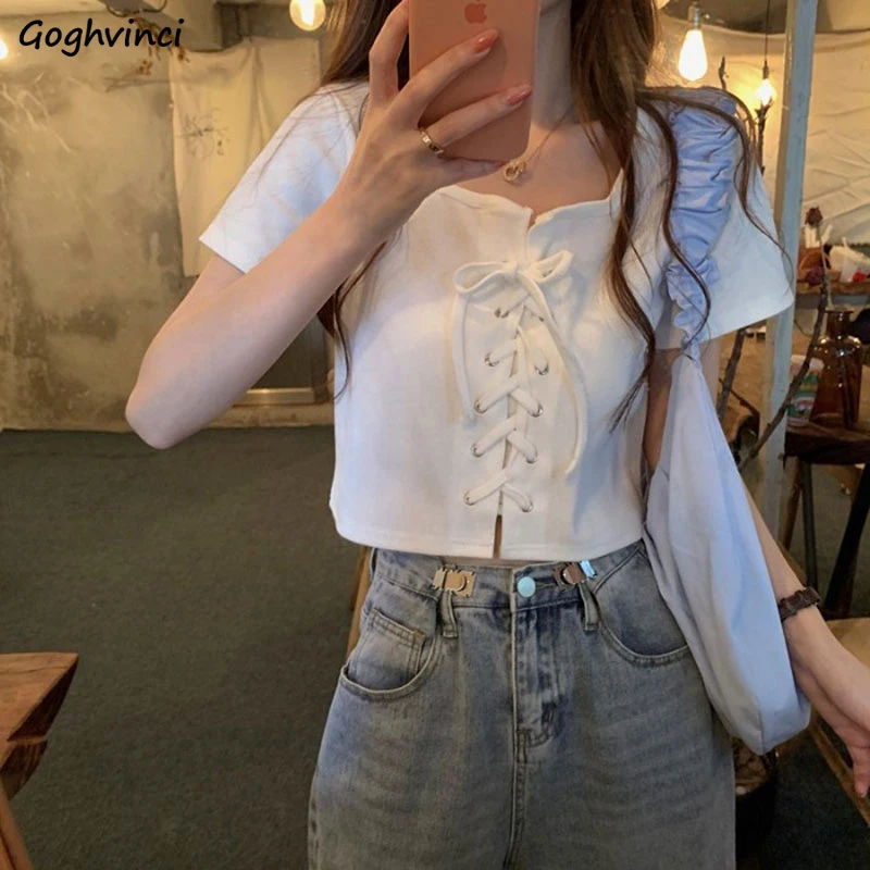 

T-shirts Women Crop Tops Bandage Sexy Tender Chic Summer Cool Design Slim Ulzzang Basic All-match Holiday Mujer футболка Young