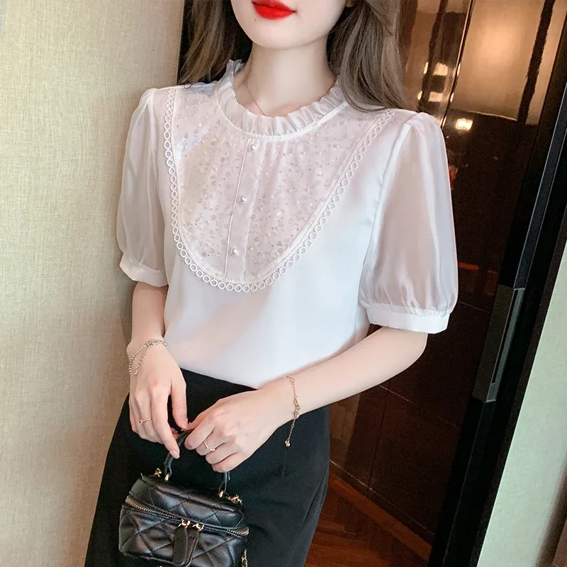 Женская шифоновая блузка с коротким рукавом и оборками модель J758 на лето