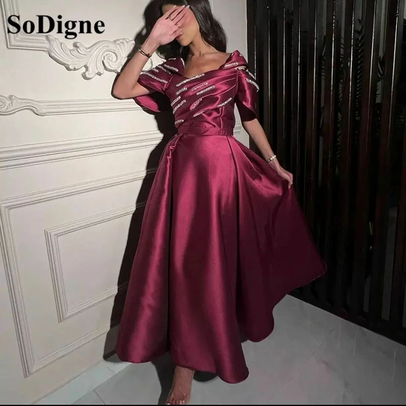 SoDigne Purple A line Satin Prom Dresses Pleat Draped Sequin lace Evening Gowns Ruched Formal Party Dress