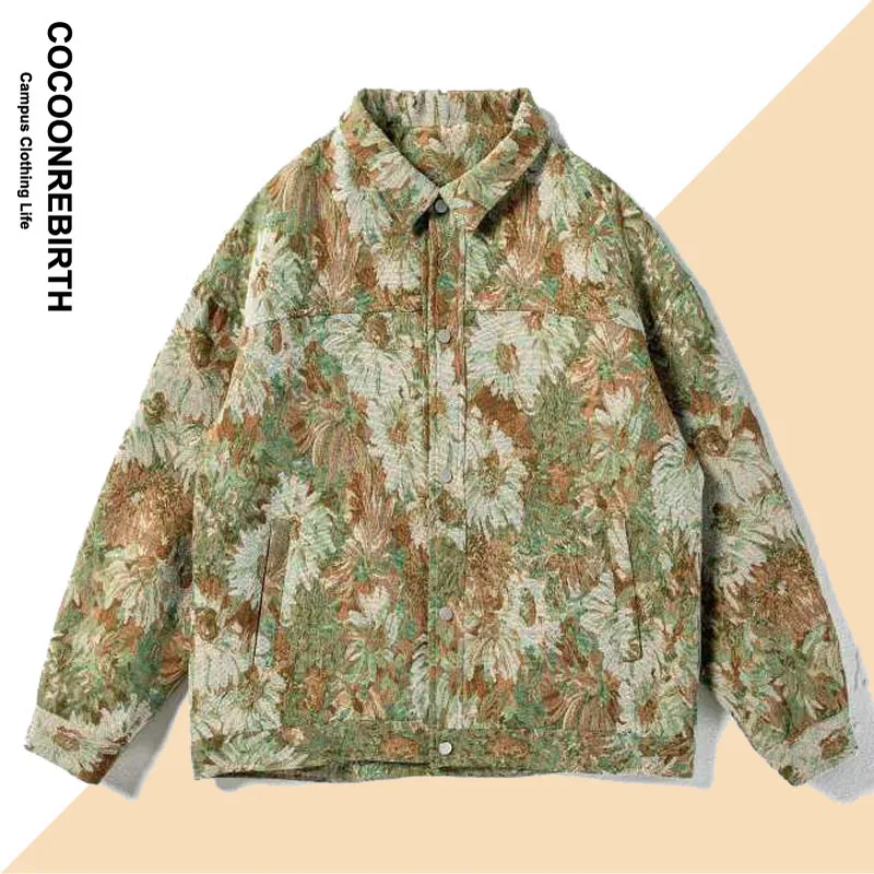

Autumn Bomber Jacket Men Women Oil Painting Daisy Pattern Spring Hip Hop Denim Jackets High Street Unisex Loose Varsity Coat
