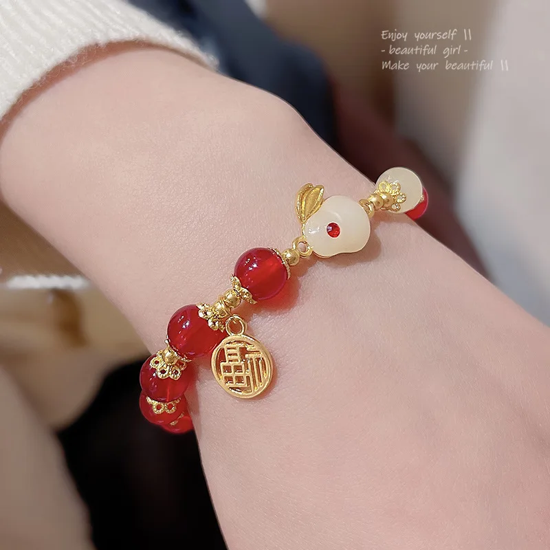 

NewChinese Tiktok Boom Acacia Bean Jade Rabbit Zodiac Chalcedony Rabbit Luxury Bracelet for Women Jewelry Gift Y2k Friends Retro