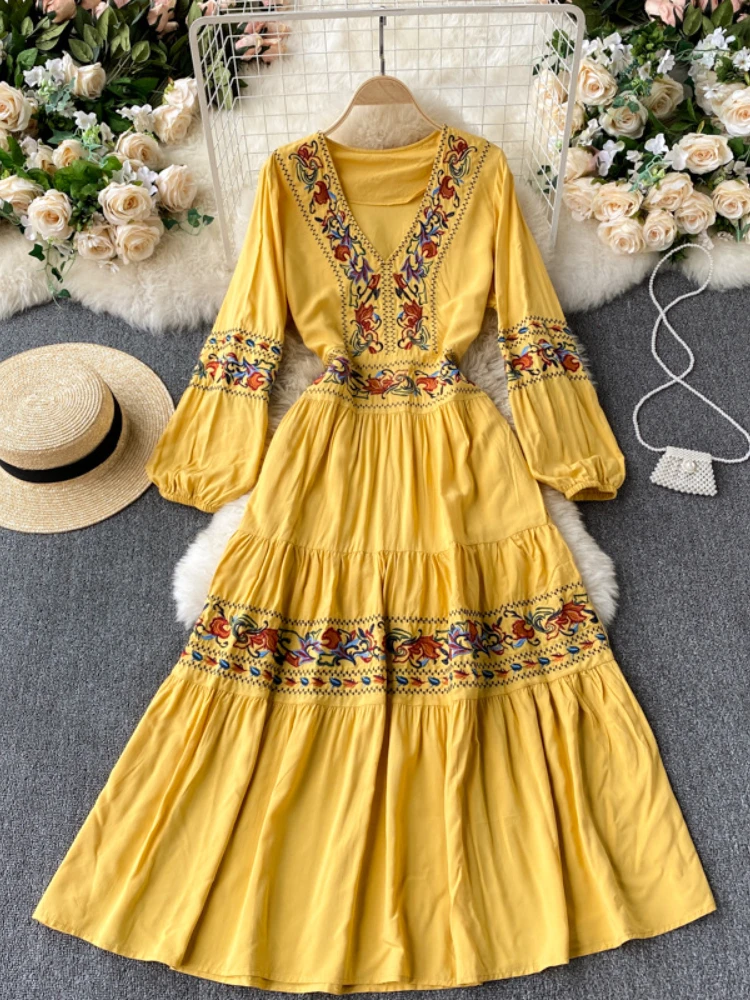 

LY VAREY LIN New Spring Summer Bohemian Dress Women V-neck Embroidery Beach Holiday Style Dress Lady Casual A-line Long Dress