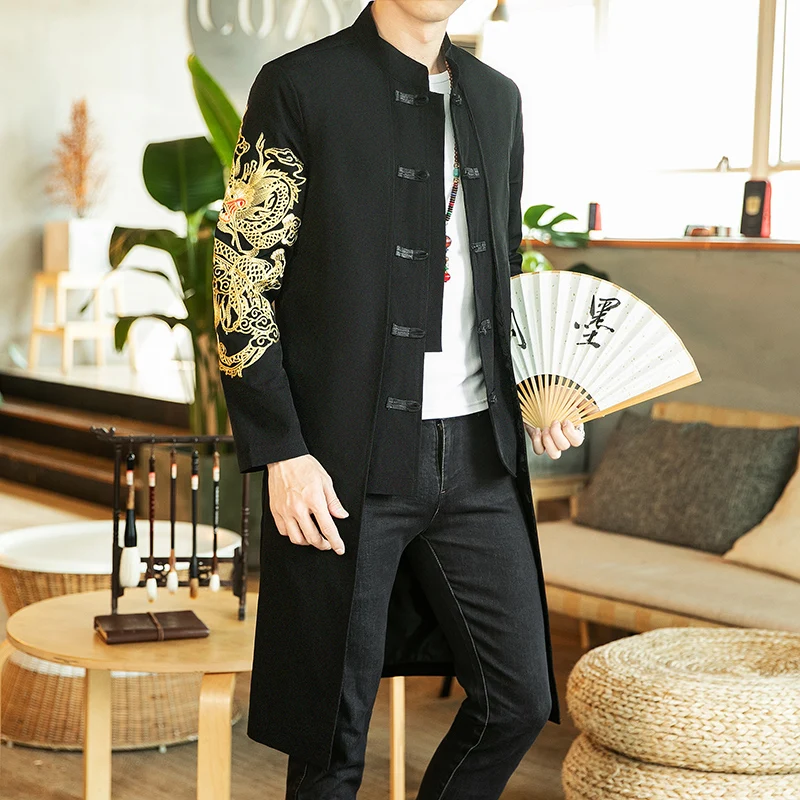 2023 Spring Mens Chinese Style Long Windbreaker Jacket Men Streetwear Oriental Clothes Men Chinese Mandarin Trench Coat