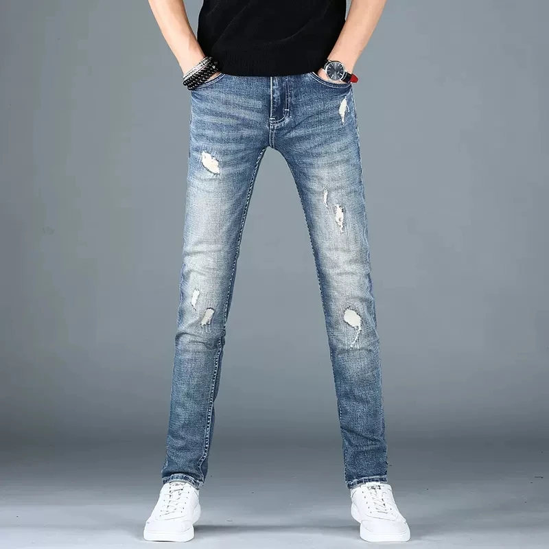 Men Blue Ripped Stretch Jeans Autumn Slim Fit Straight Pants Streetwear Casual Denim Trousers CP2037