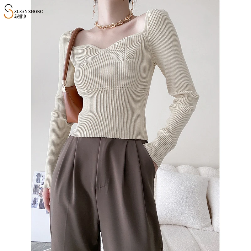 

Luxury Spring New Sexy Fashion Long Sleeve Irregular Square Neck Ladies Pullover Sweaters Women Tops