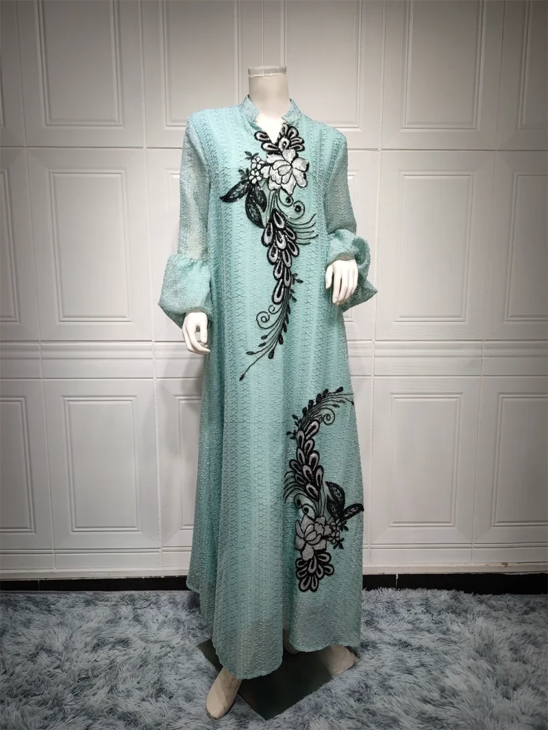 White Abayas For Woman Modest Evening Dresses Long Sleeve Elegant Floral Appliques Notched Neck Arabic Clothes With Belt
