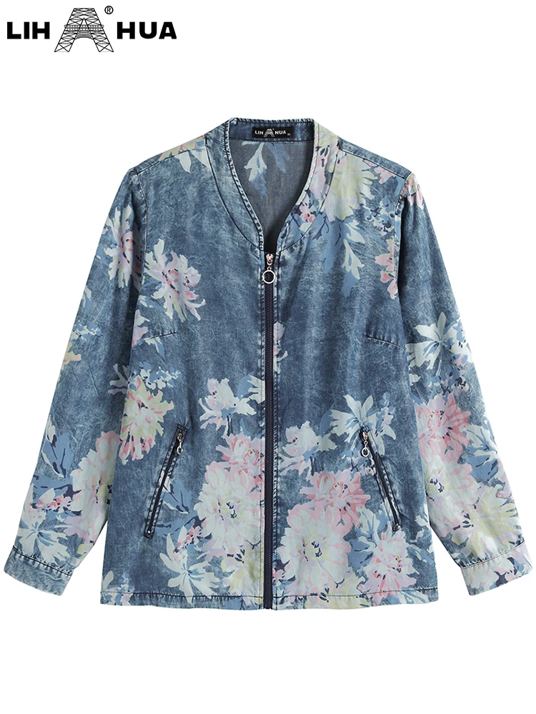 LIH HUA Women's Plus Size Denim Jacket Autumn Chic Elegant Jacket For Chubby Women Cotton Woven Jacket