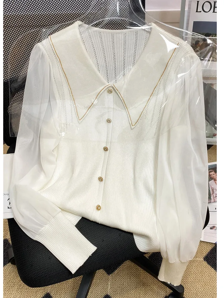 

Oversize XL-4XL Hollow Out Pullovers Sweaters 2022 Autumn Fashion Chiffon Long Sleeve Patchwork Knitted Top Female Jumpers