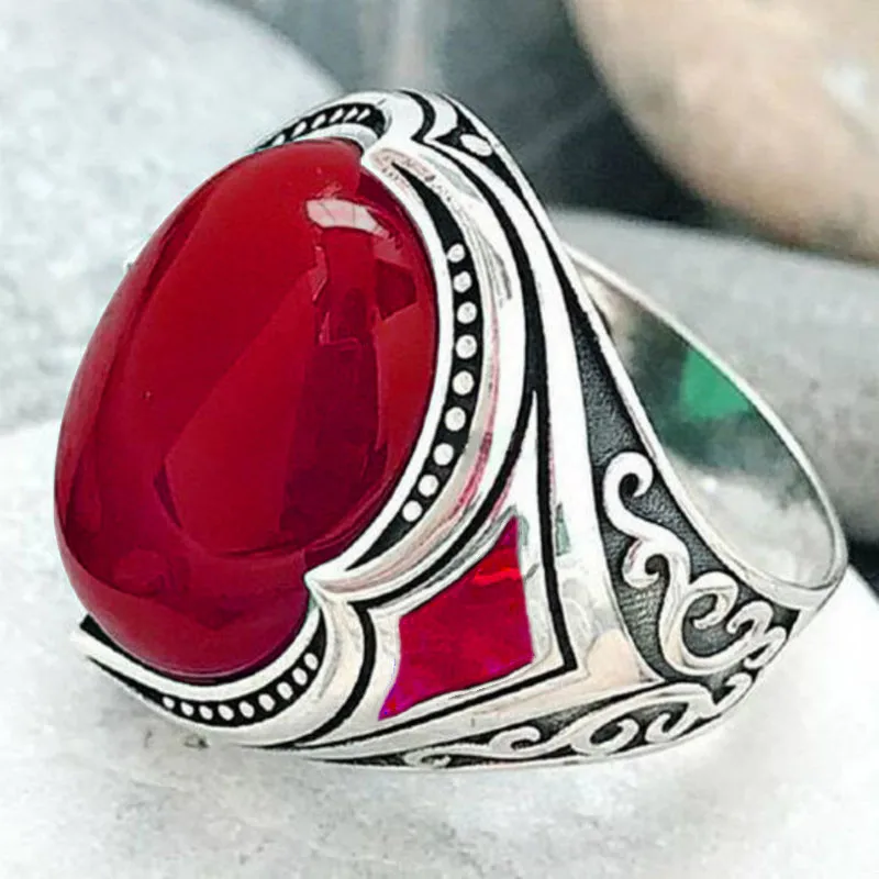

Vintage Green Red Ladies Turquoise Ring Wedding Party Jewelry Silver Plated Engraved Pattern Wide Ring Luxury Gift Accessory