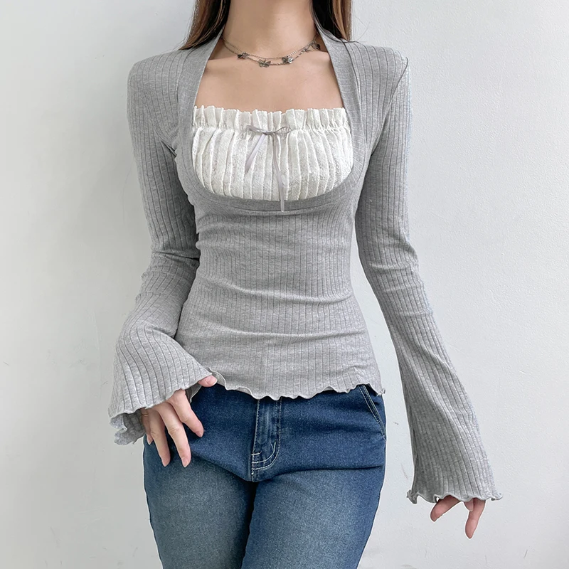 

2000s Aesthetic T Shirt y2k Women Ruffles Square Collar Long Sleeve Tops Korean Fashion Clothes Basic Ribbed Tees Streetwear